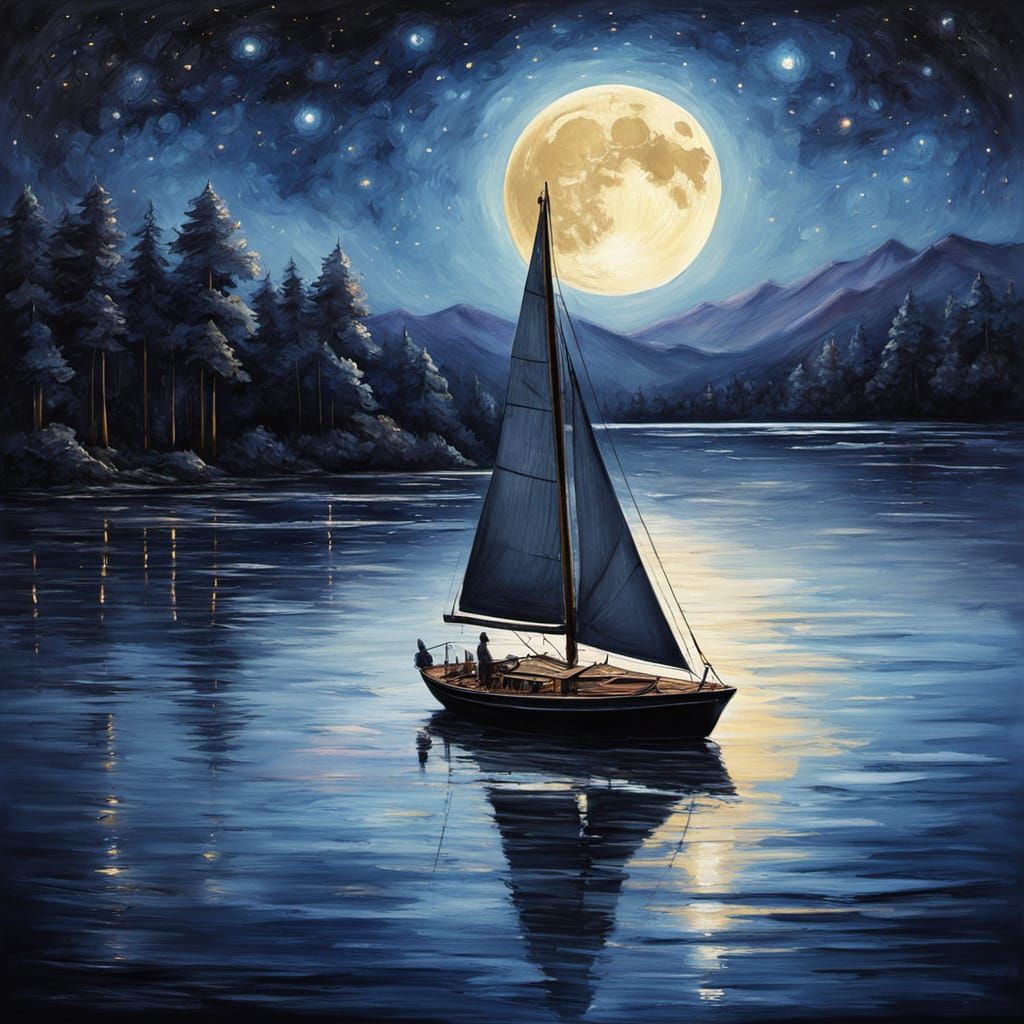 Sailboat Under Starry Sky in Charcoal Drawing Style