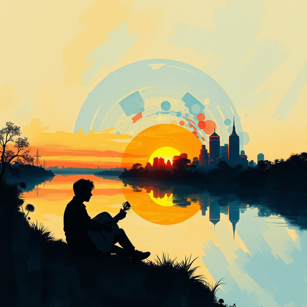 Harmonious Fusion: Guitarist, Cityscape, and Sunset