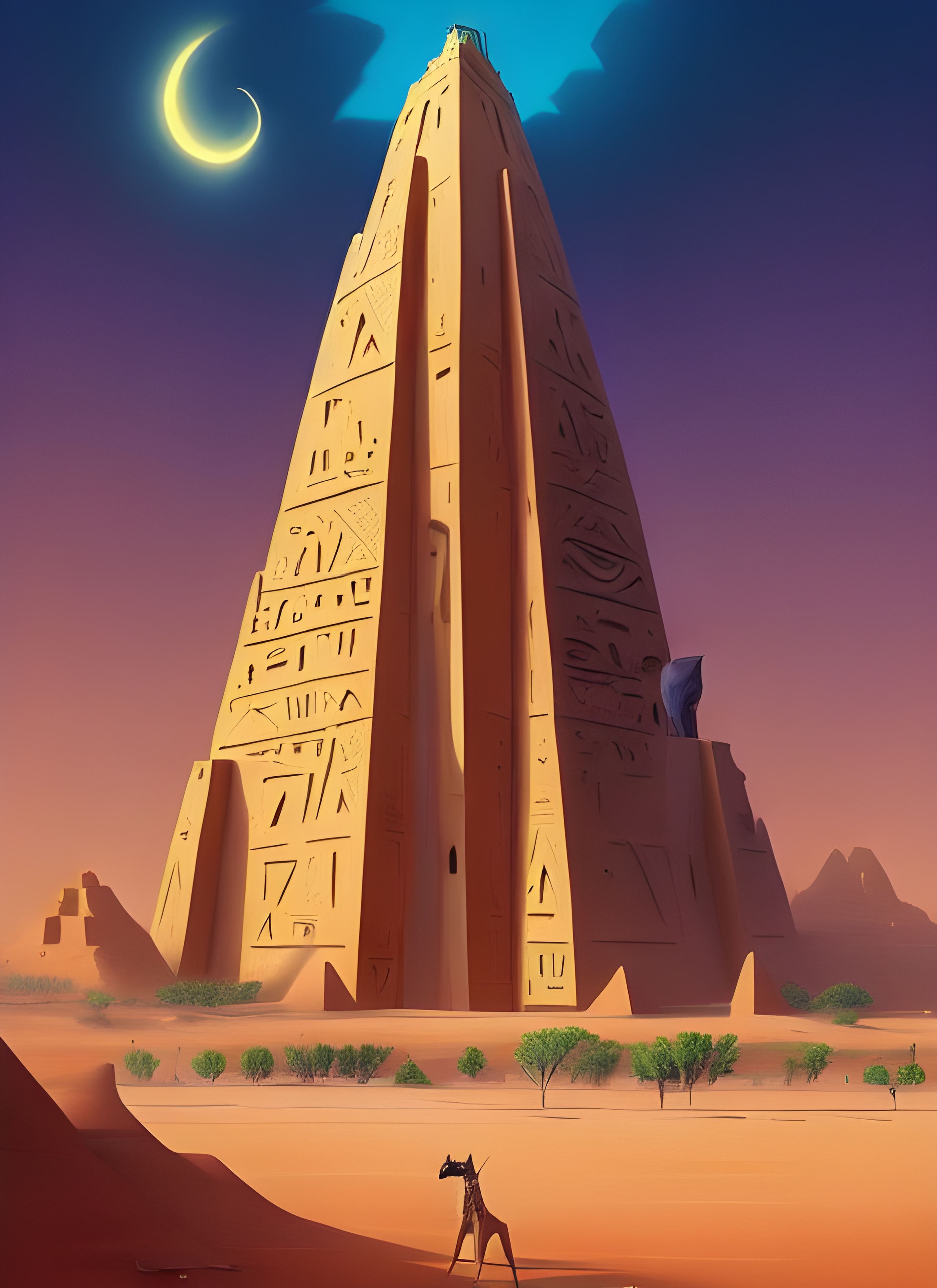 Colossal Anubis Over Nile Village in Cel-Shaded Style