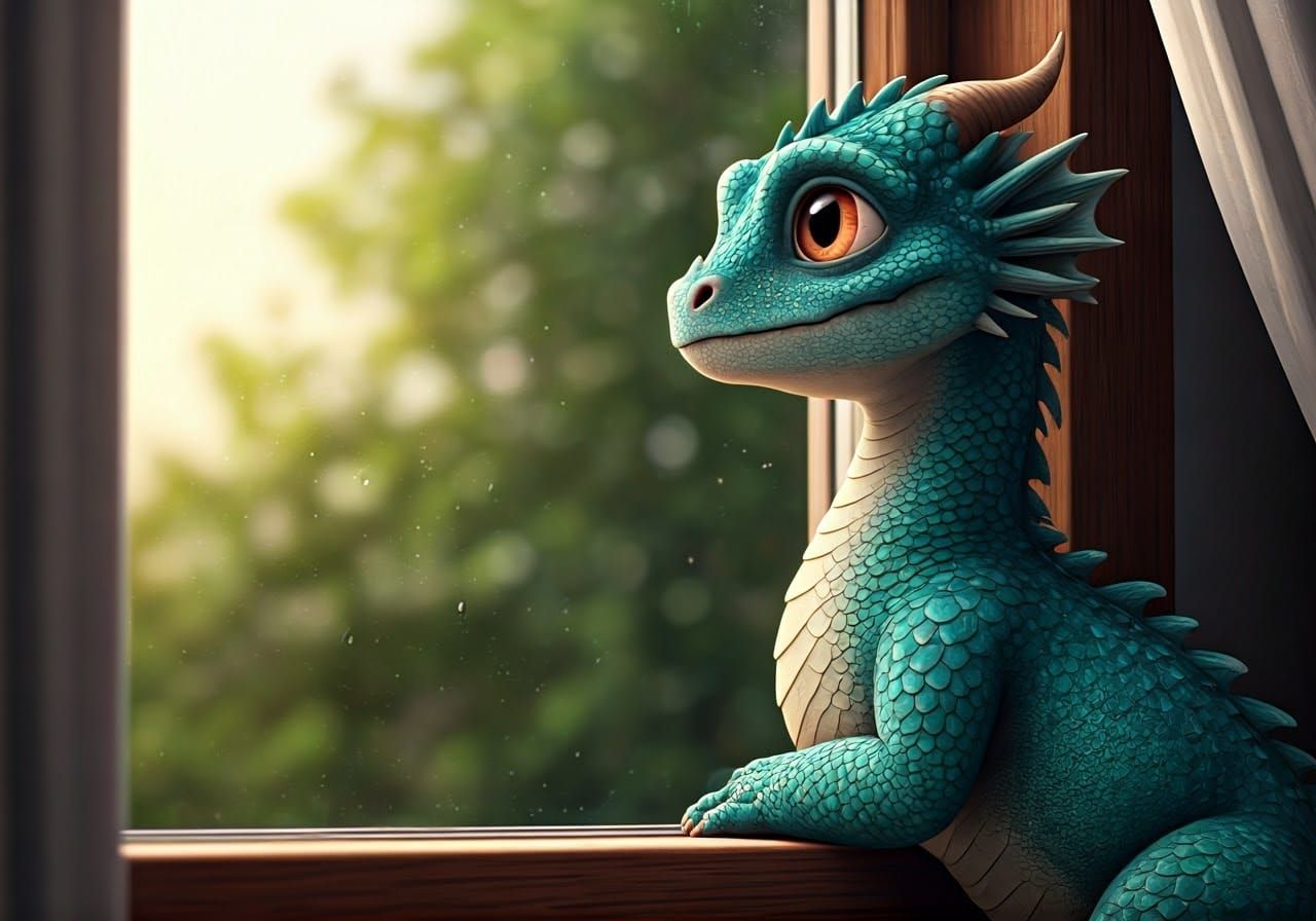 Dragon Puppy Waiting at Window in Natural Light
