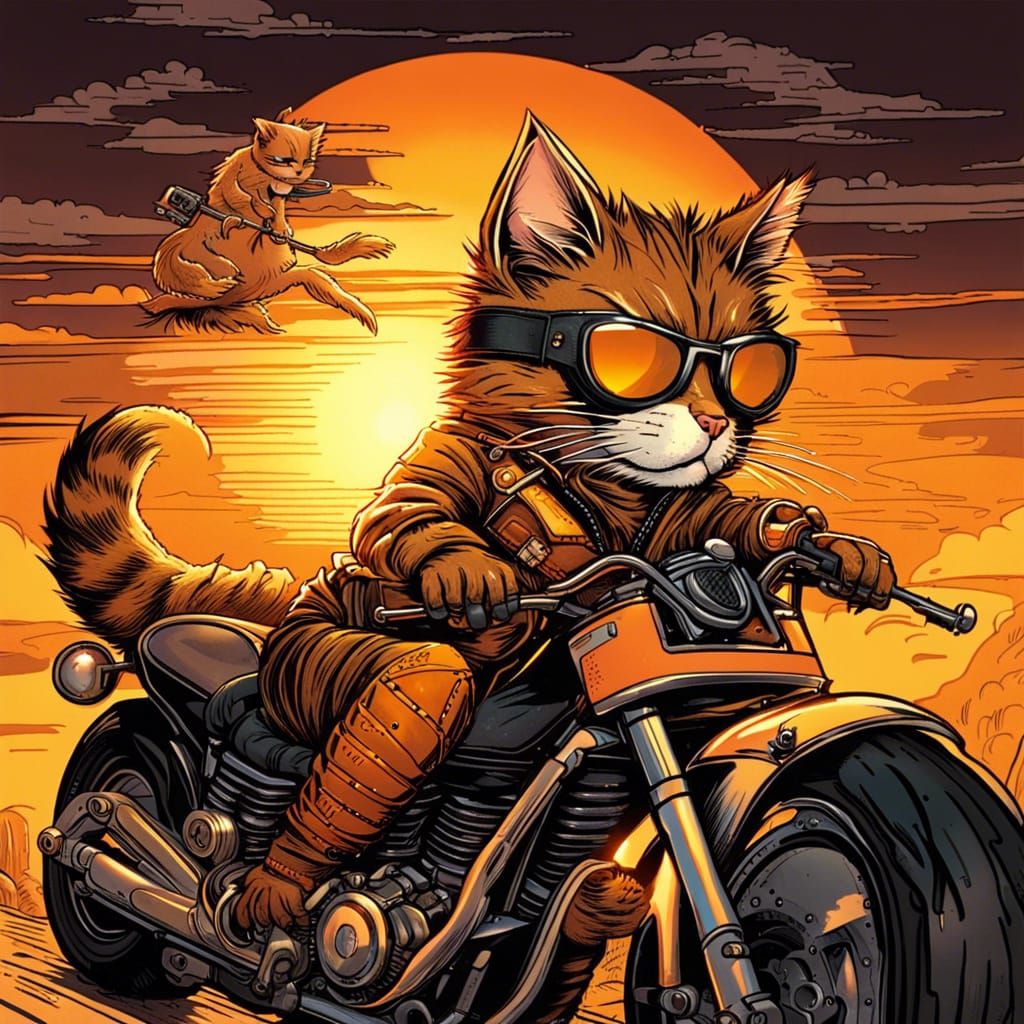 Punk Cat Rides Motorcycle into Sunset: Comic Book Art