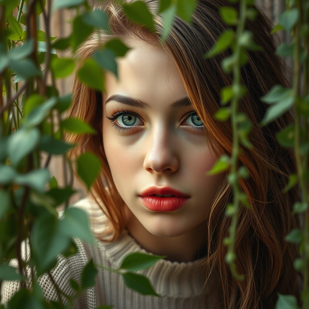 Photorealistic Portrait of Woman Among Climbing Plants