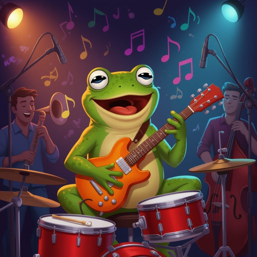 Frog Musician Plays at a Party