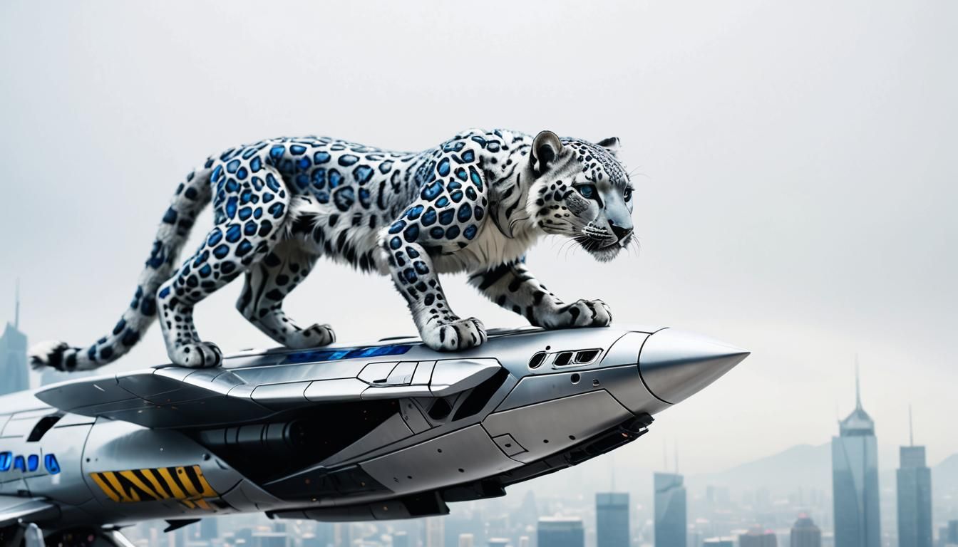 Cyborg Snow Leopard on Futuristic Airplane