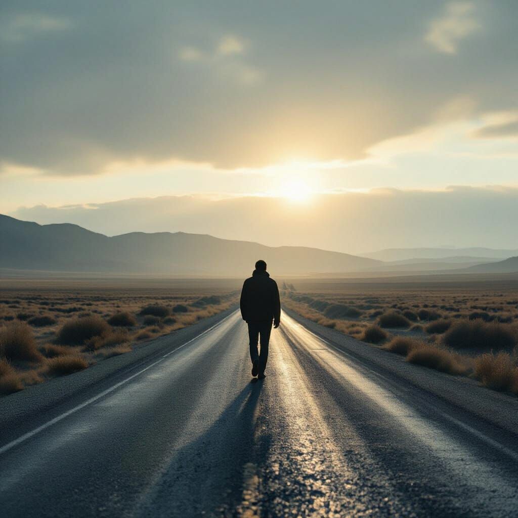 Lone Figure on Deserted Road: Cinematic Film Still