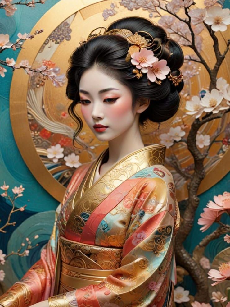 Surreal Geisha Lady in Art Nouveau Elegance