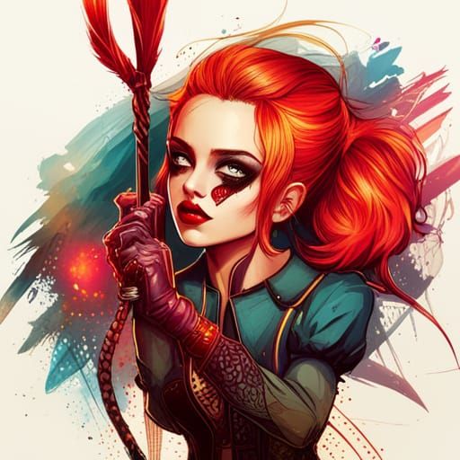 Harley Quinn Digital Painting with Golden Outlines