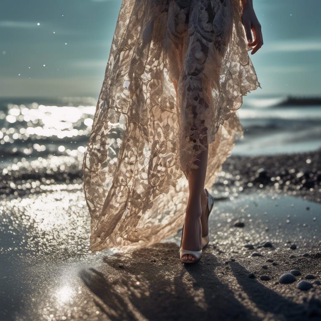 Woman in Lacy Dress on Black Beach