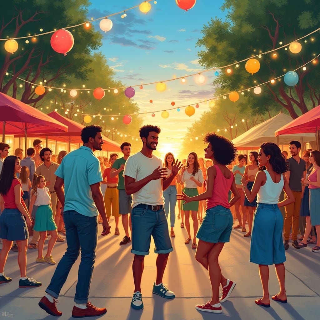 Lively Summer Block Party Celebration in Vibrant Colors