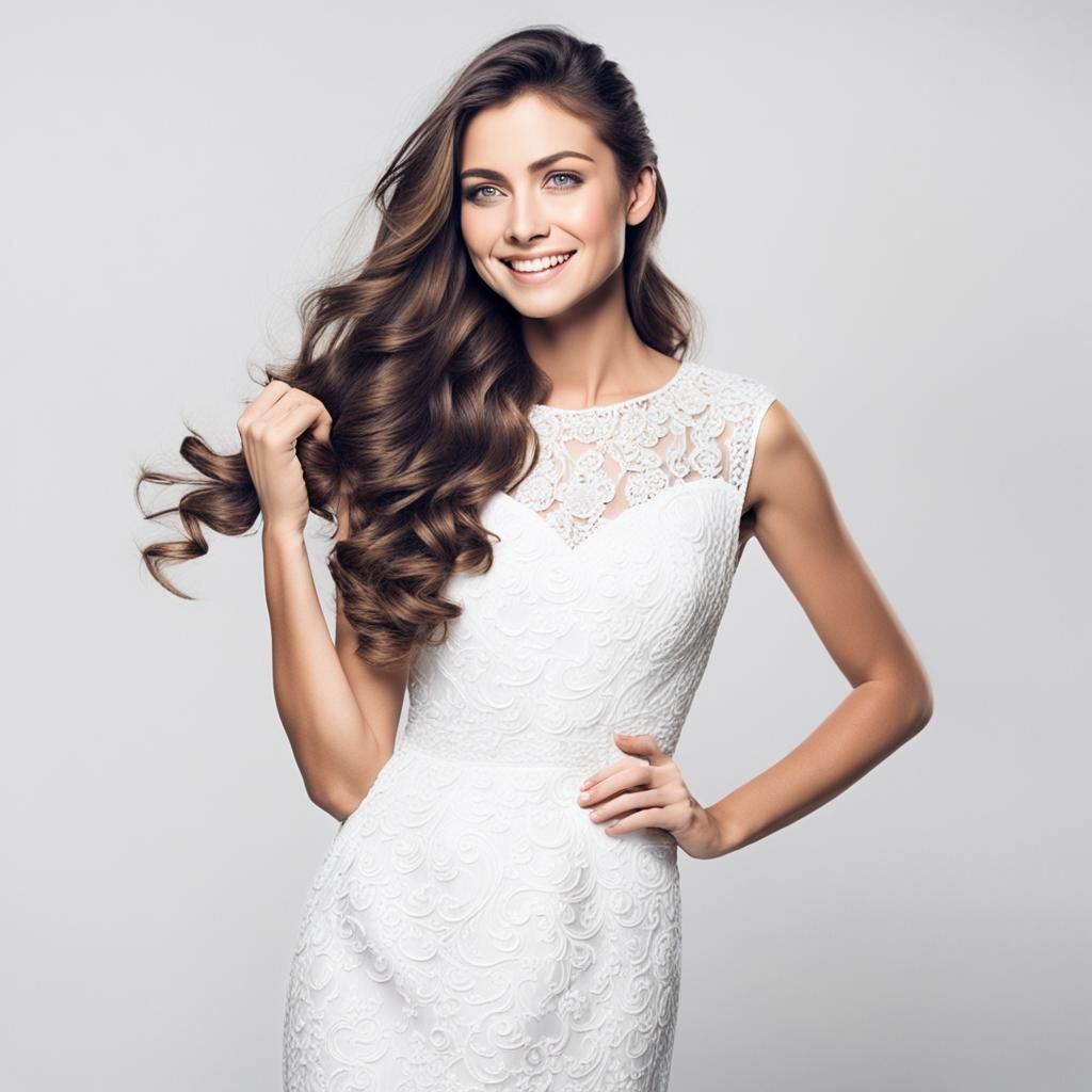 Dreamy Brunette in White Dress, Hyperrealistic Digital Art