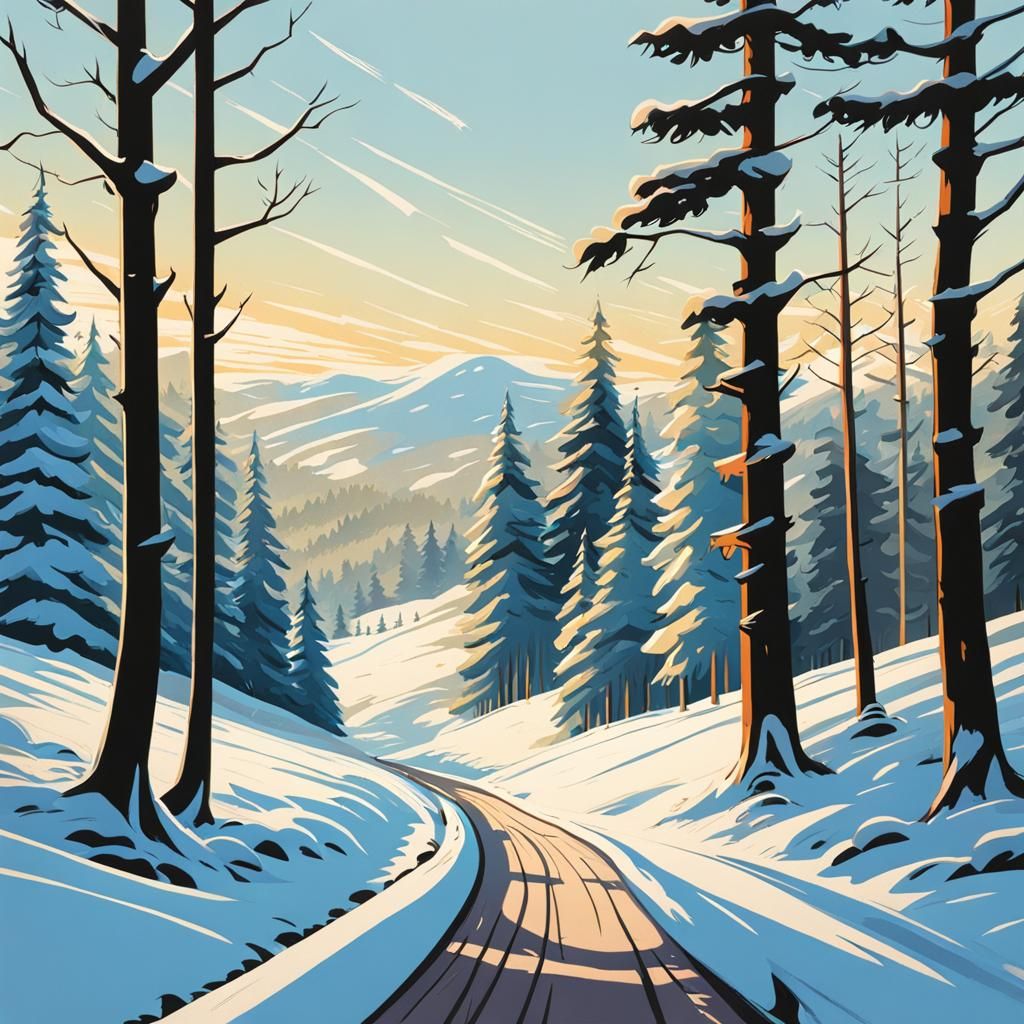 Black Forest Ski Path in Vintage Disney Illustration