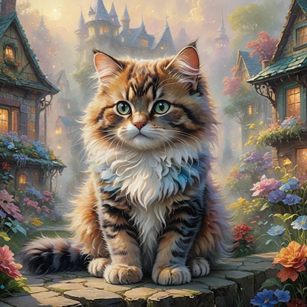 Colorful Fluffy Cat with Colored Shadow in Fantasy Style