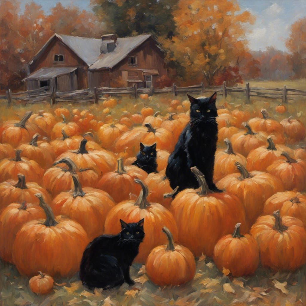 Autumn Scene with Pumpkins and Black Cats