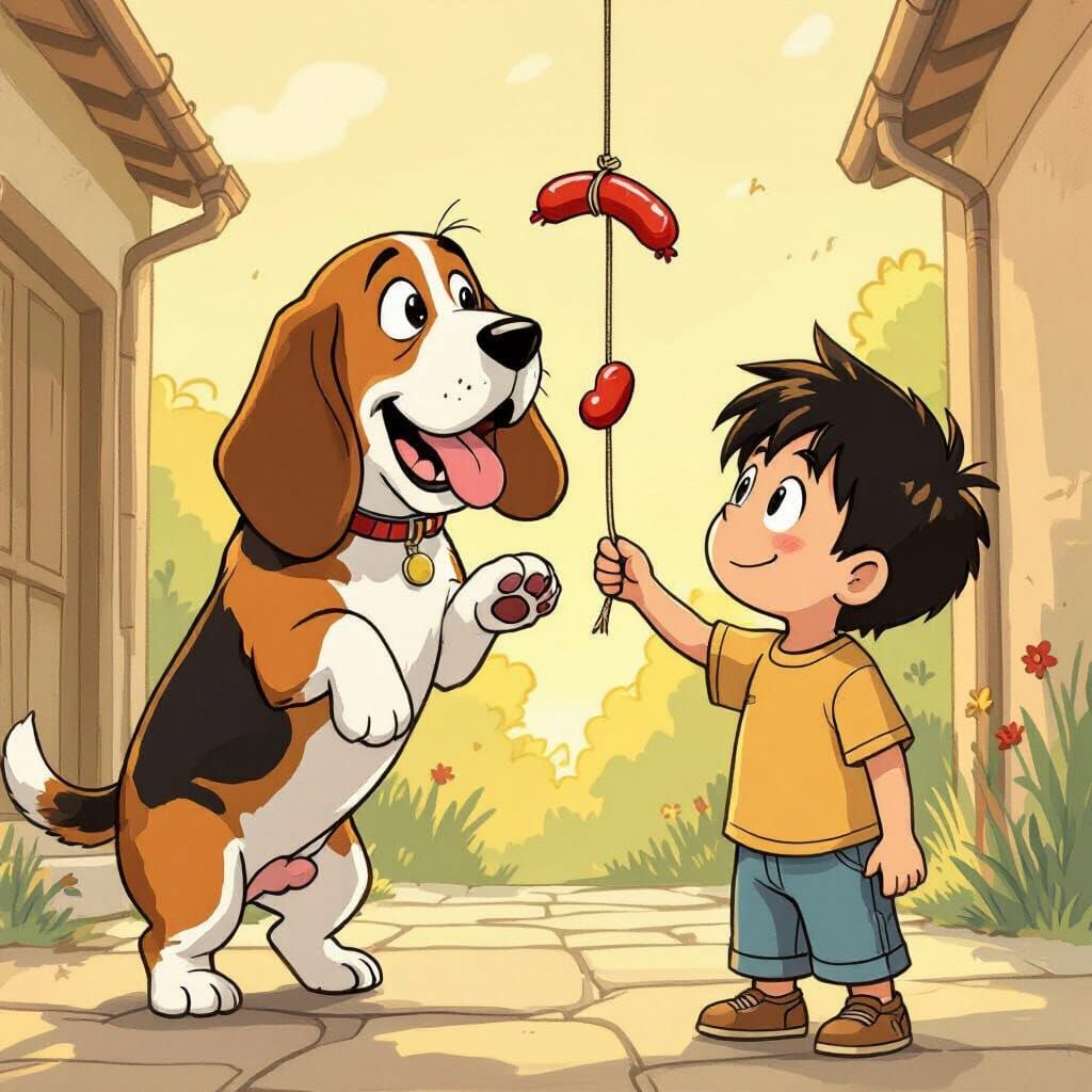 Playful Basset Hound Chasing Sausage in Cartoon Style
