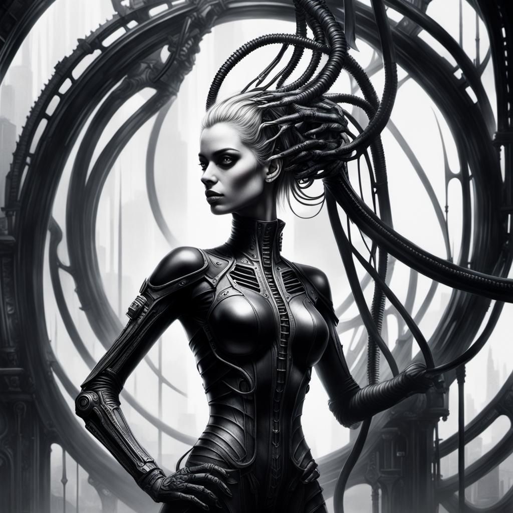 Gothic Cyberpunk Female Figure in Hyperrealistic Detail