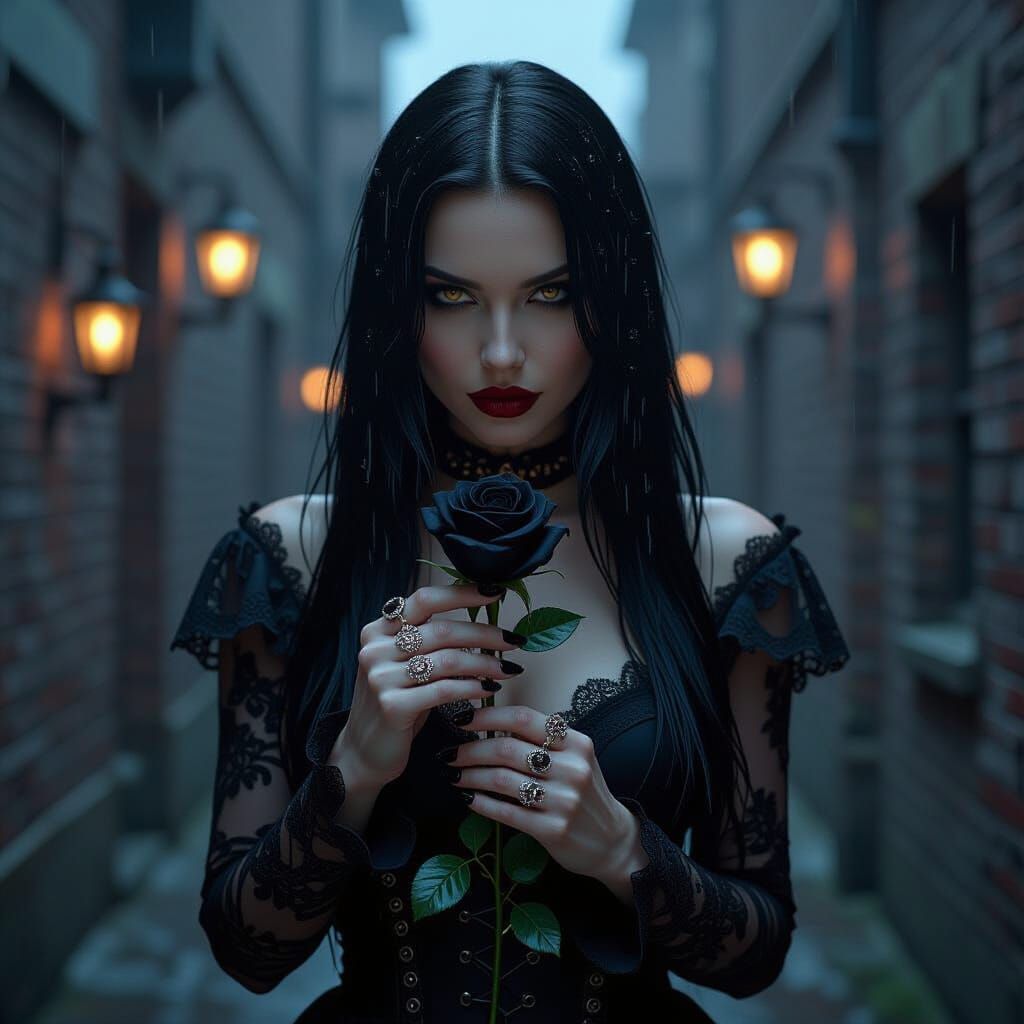 Gothic Steampunk Witch in Rain-Soaked Alleyway