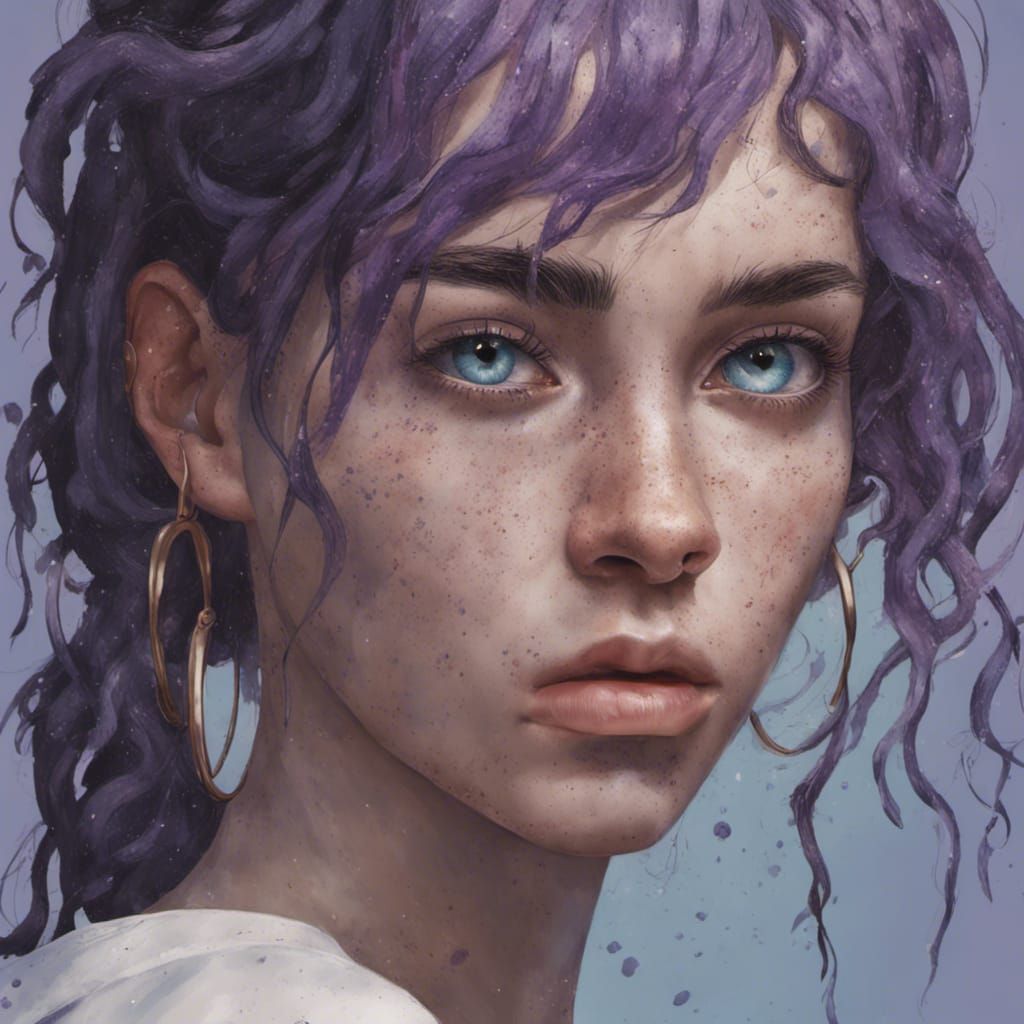 Hyperrealistic Portrait of Woman with Purple Hair