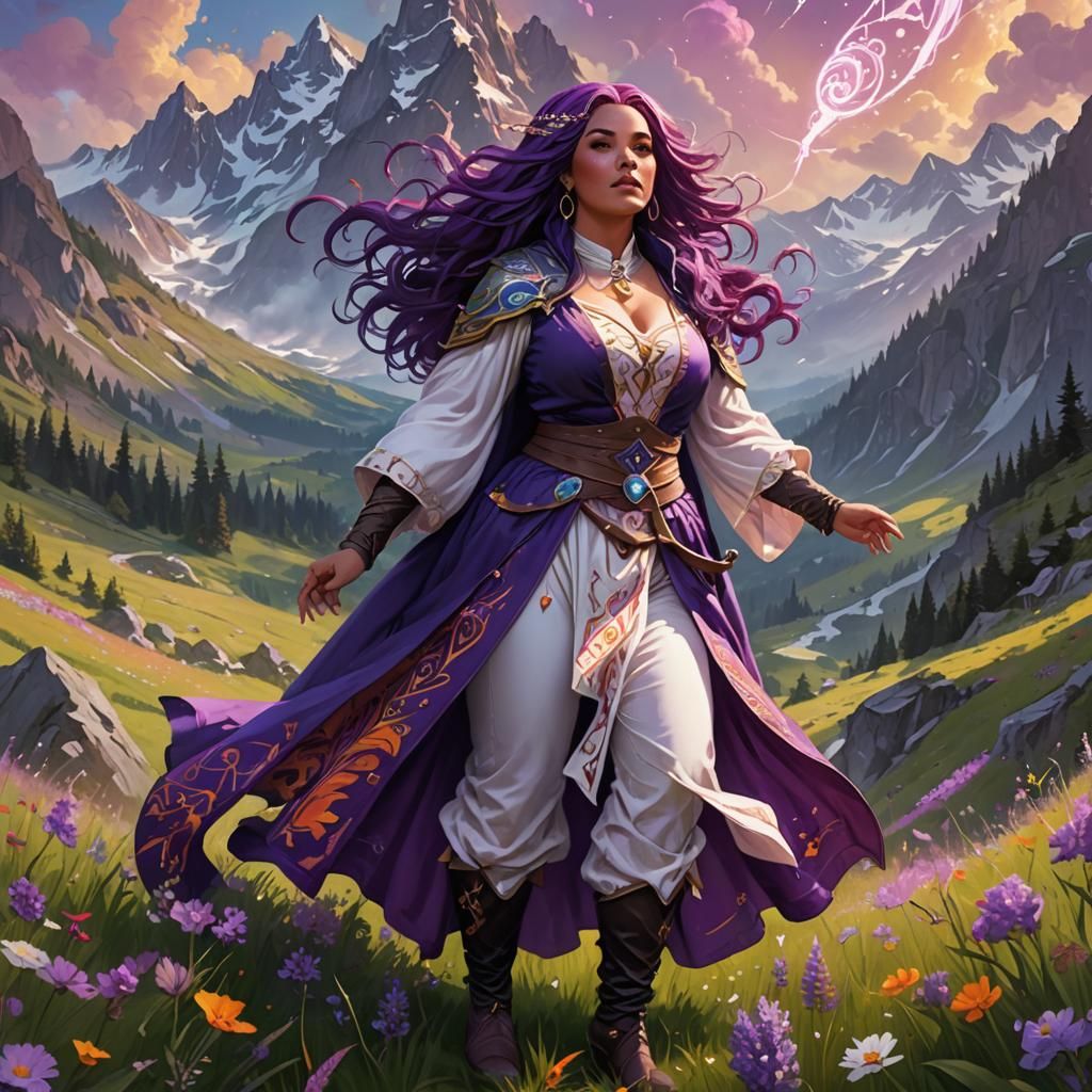 Plus Size Sorceress Conjuring Magic in Mountain Meadow