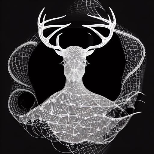 Faun Girl with Deer Antlers: Ink and Charcoal Drawing