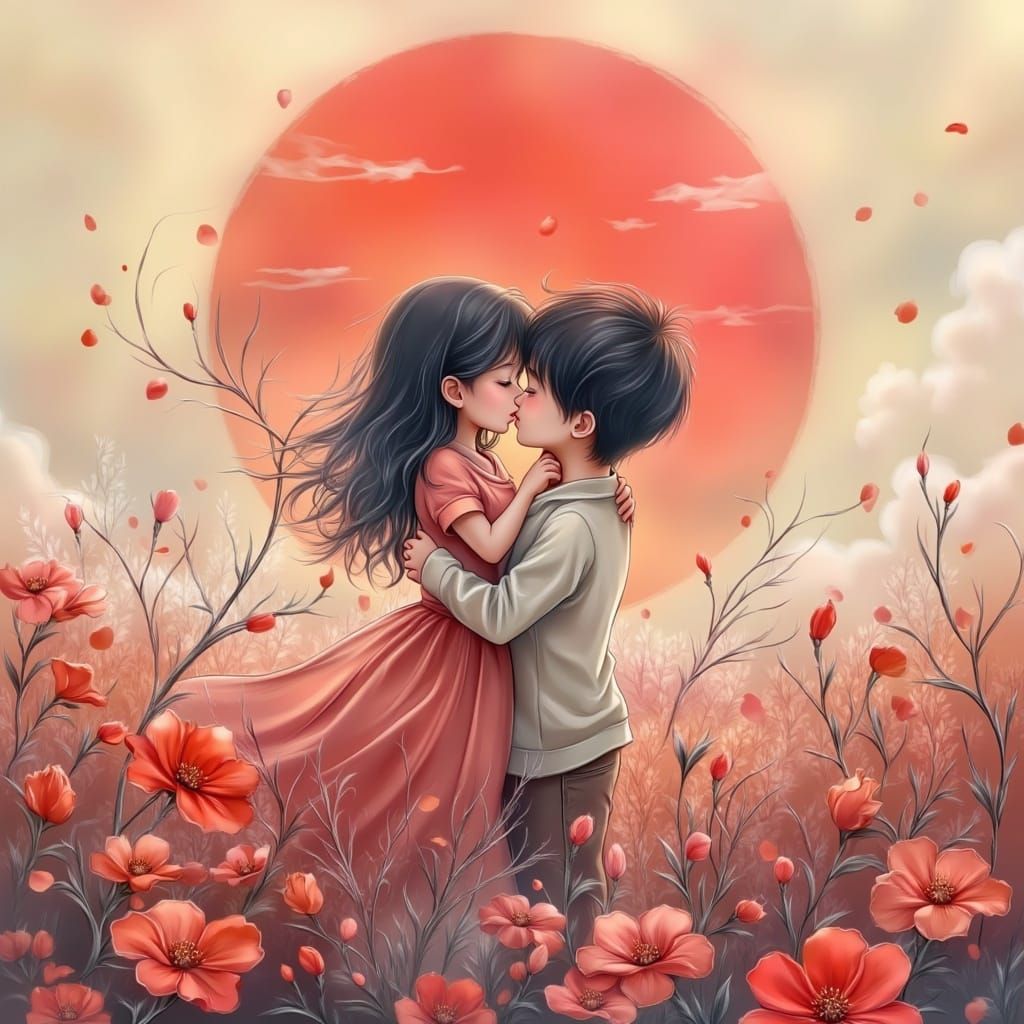 Surreal Manga Portrait of Siblings in a Flowery Field at Sun...