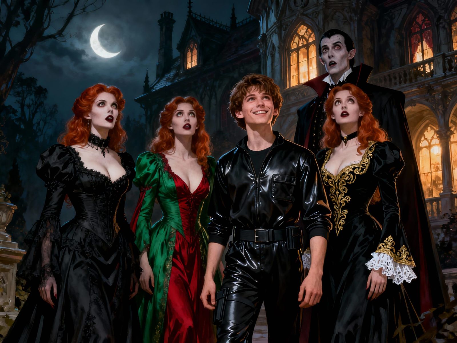 Vampires and Human Outside Gothic Mansion