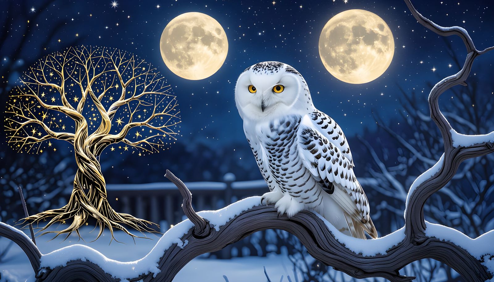 Snowy Owl in Winter Garden with Tree of Life