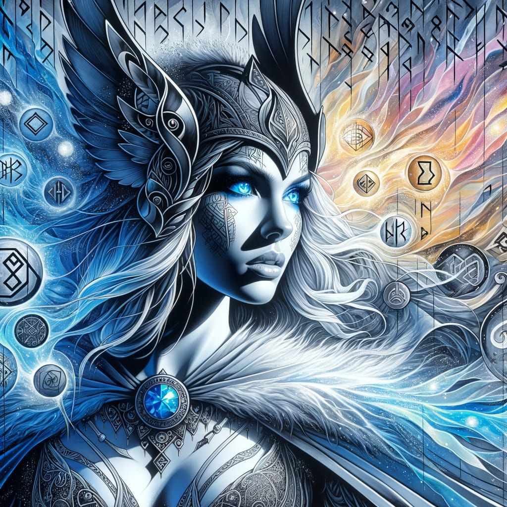 Icy Valkyrie with Runes in Gouache and Acrylic