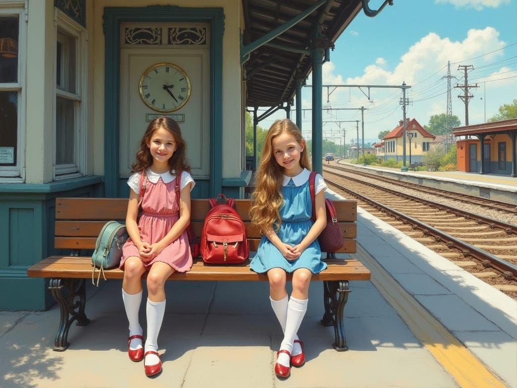 Two Girls Awaiting Train, Oil Painting Style