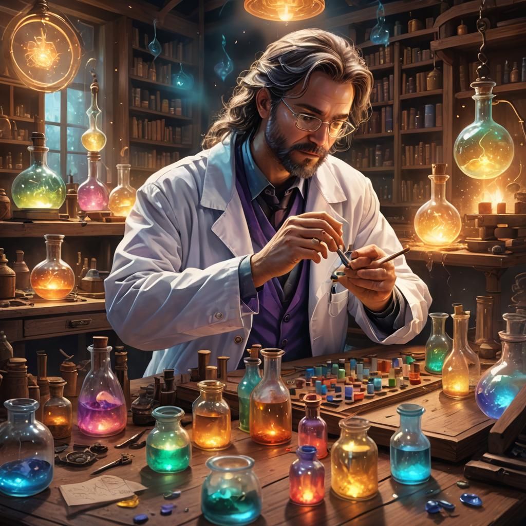 Fantasy Lab Scene with Glowing Vials and Candlelight