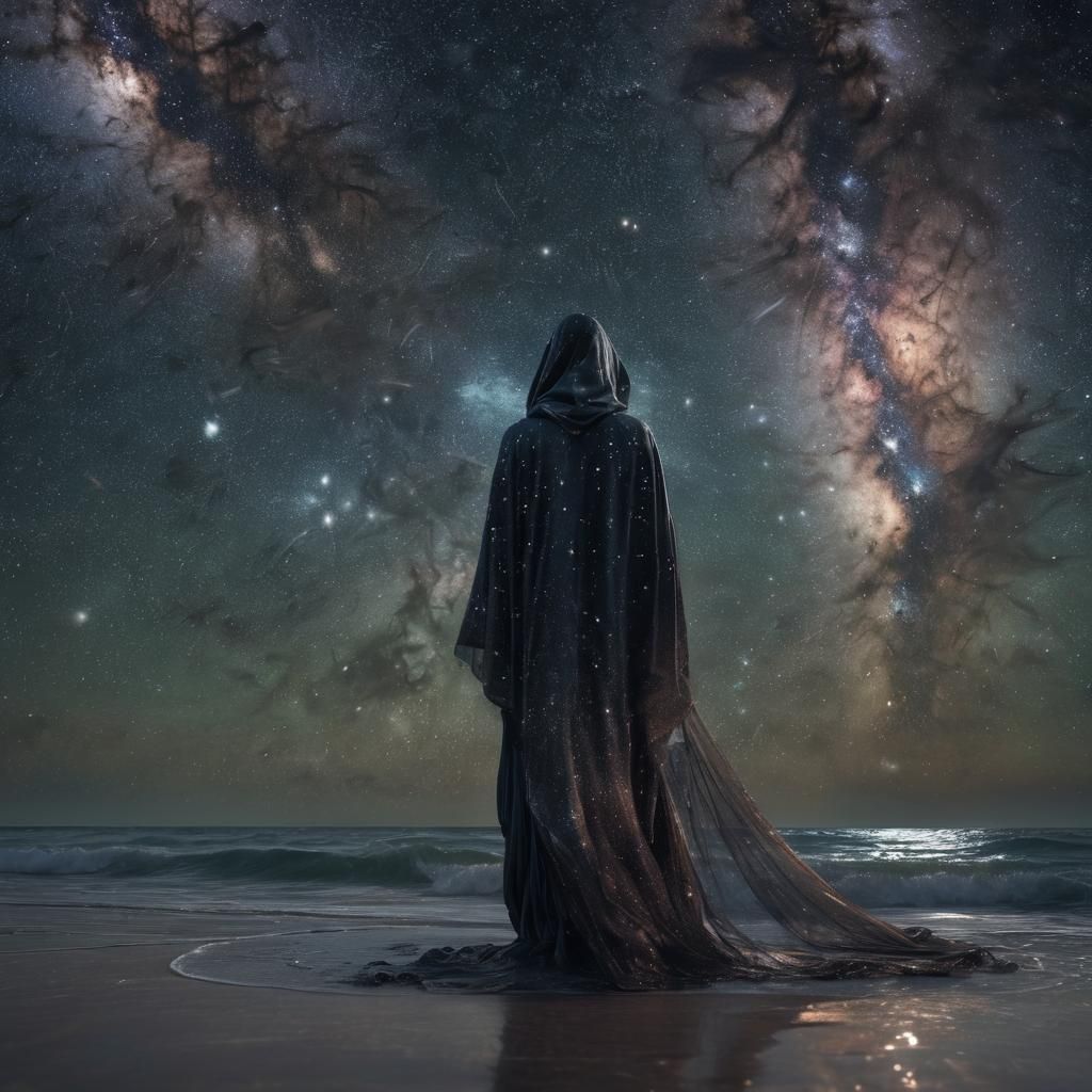 Dramatic Beach Nebula with Hooded Figure in Sparkling Night...