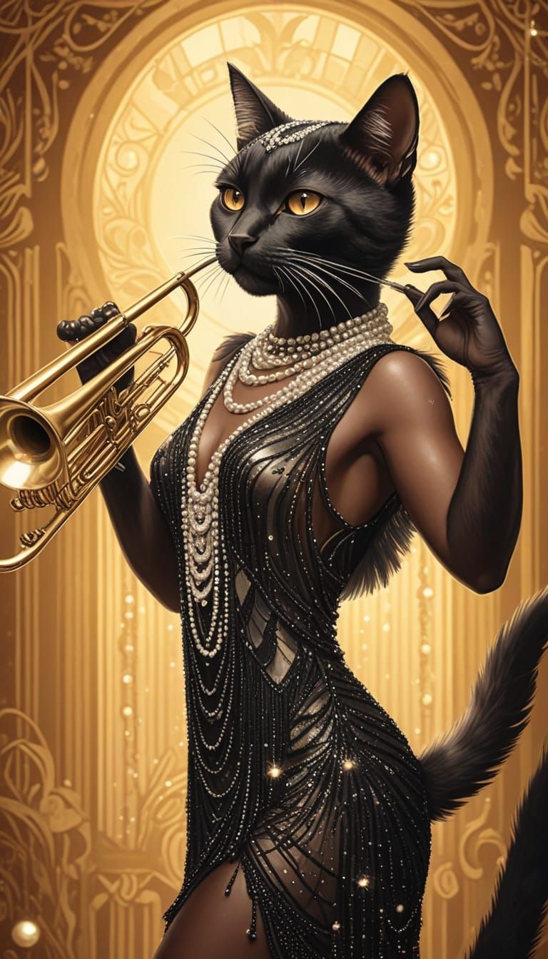 Art Deco Jazz Cat Poster in Vintage Illustration Style