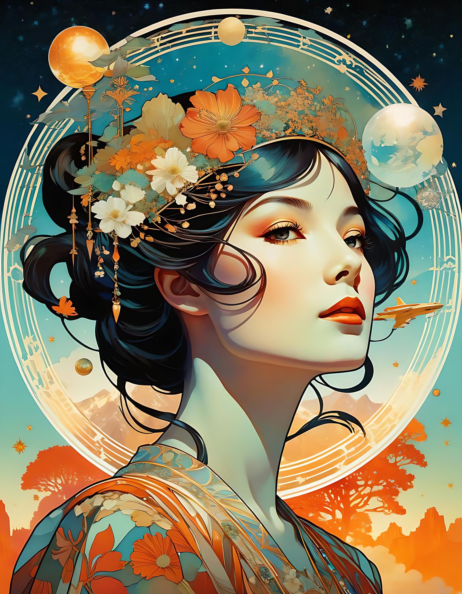 Surreal Art Nouveau Portrait of Floating World
