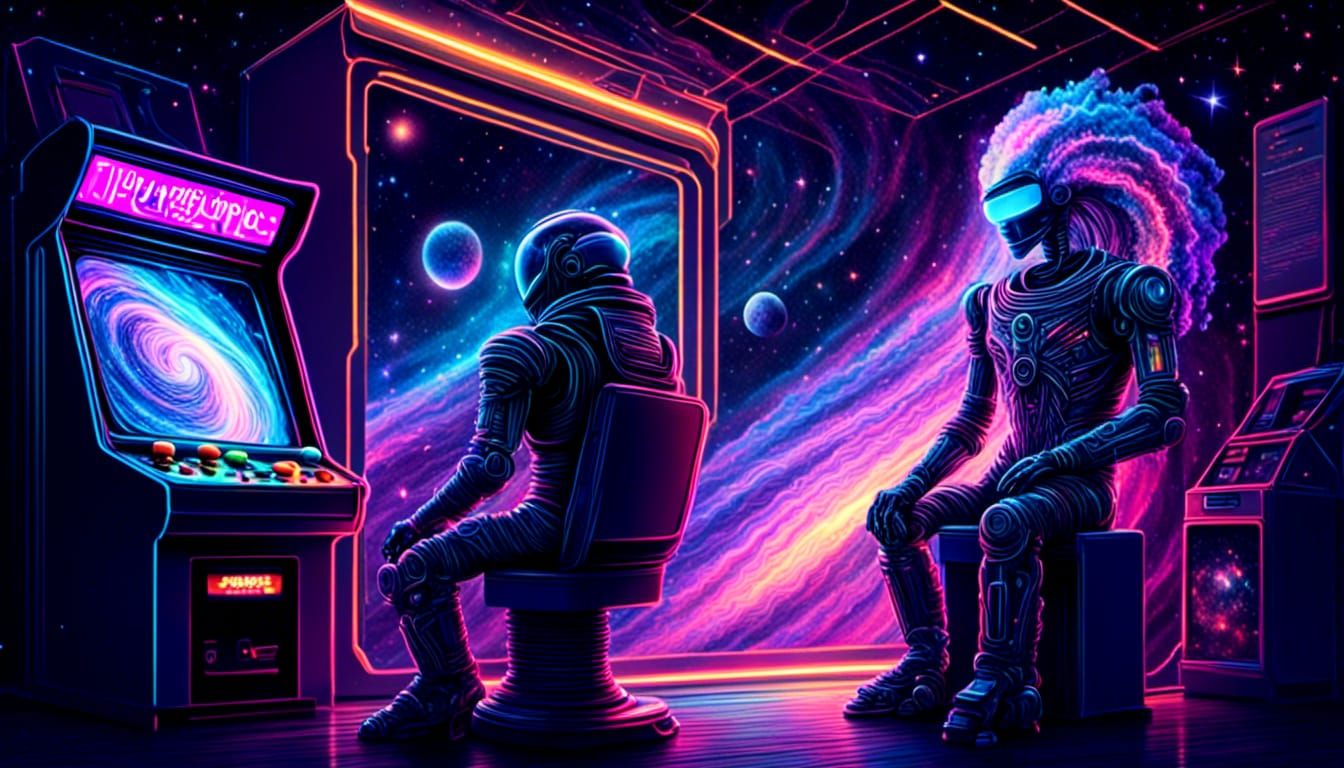 Robot Contemplates Arcade Game in Neon 80s Style