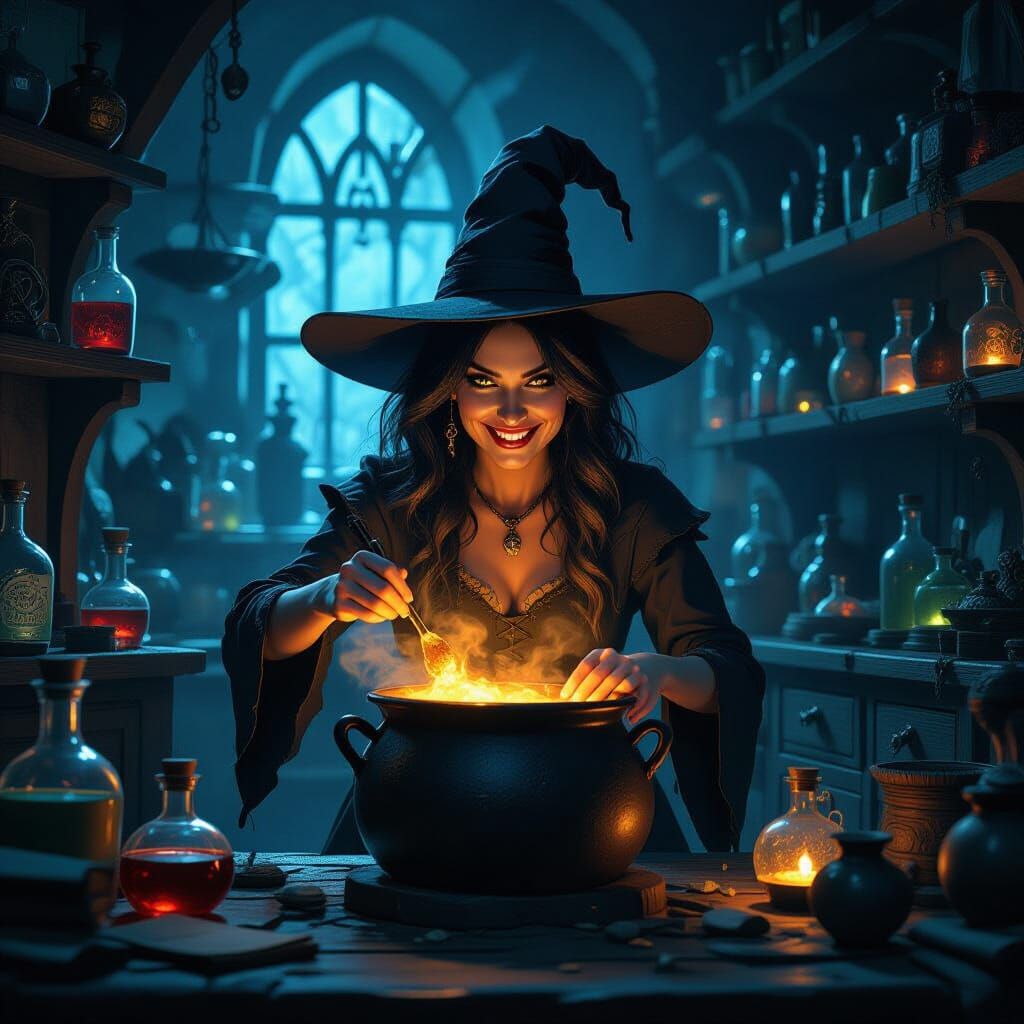 Mischievous Witch Brews Potion in Noir-Inspired Workshop