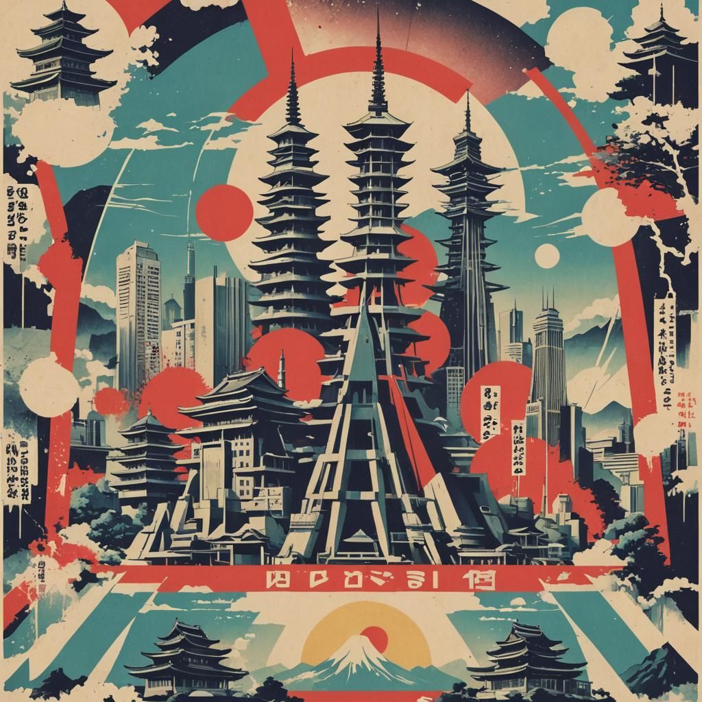 1950s Japanese Brutalist Landmarks in Vibrant Triadic Colors