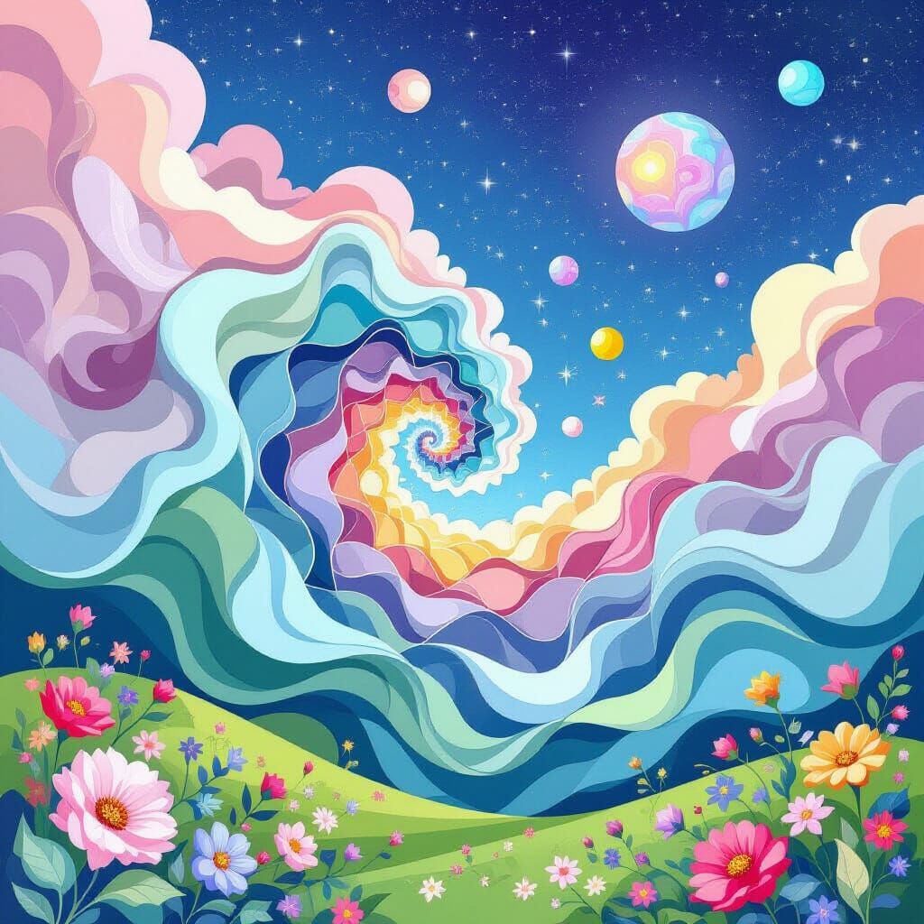 Dreamy Abstract Space Landscape with Earth and Stars