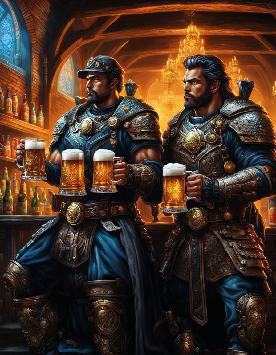 Cyberpunk Beer Warrior with Mugs, Hyperrealistic Art