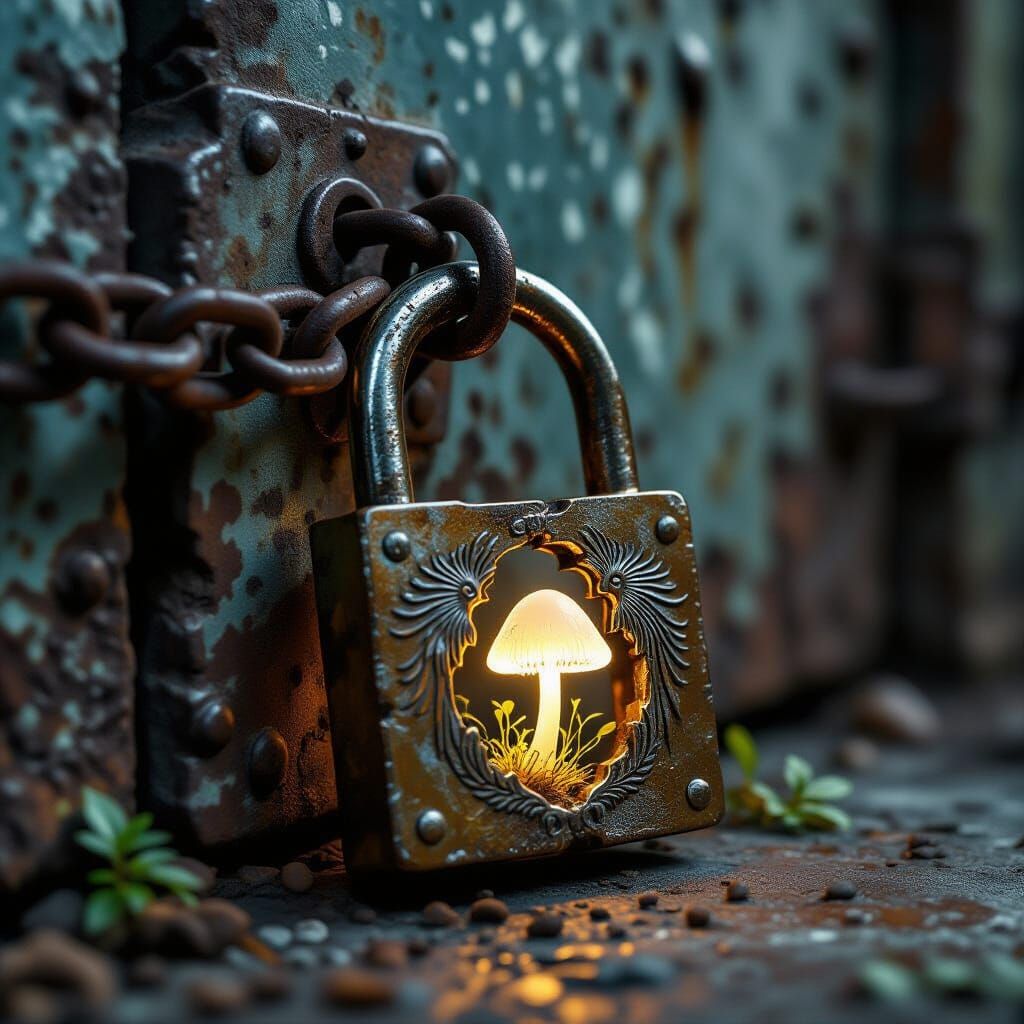 Glowing Mushroom Sprouts on Rusted Fantasy Padlock