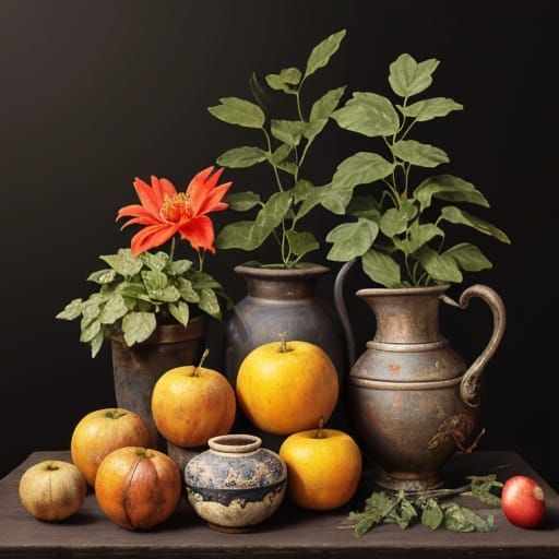 Baroque Still Life Painting of Parrot with Fruit