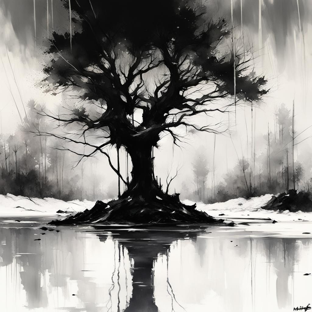Black Tree Reflected in White Landscape