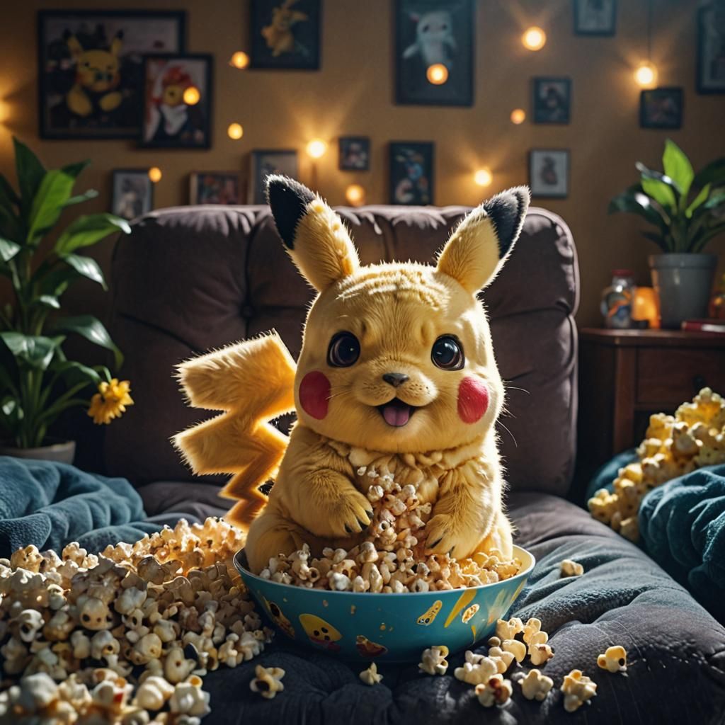 Pikachu Watching TV and Eating Popcorn: Hyperrealistic Photo