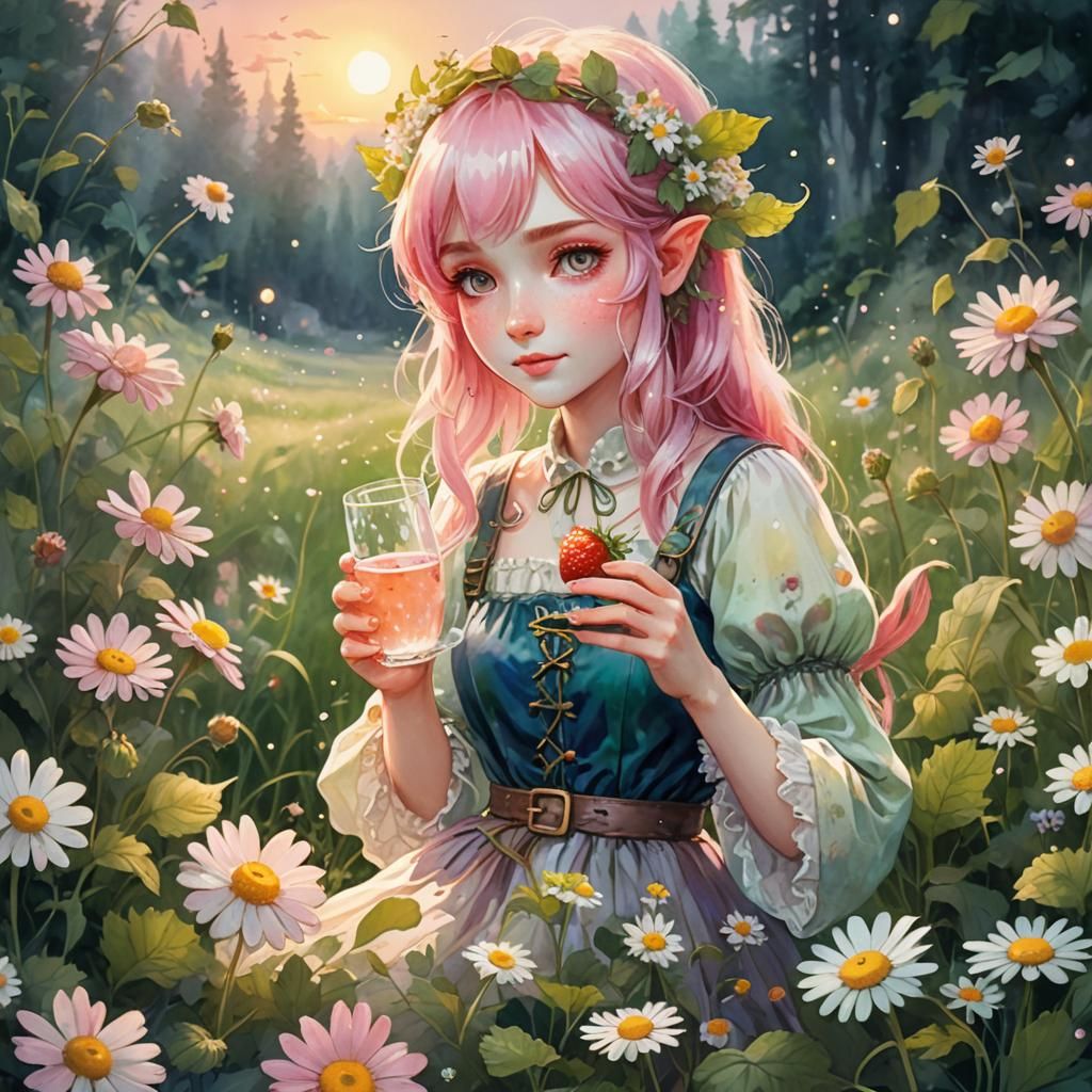 Pink-Haired Fairy Elf with Berries in Pastel Anime Style