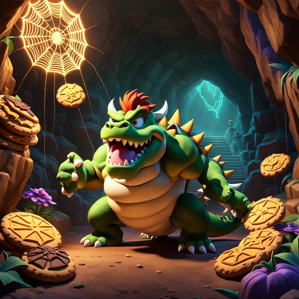 Bowser Trapped in Spiderweb with Cookies: 3D Digital Art