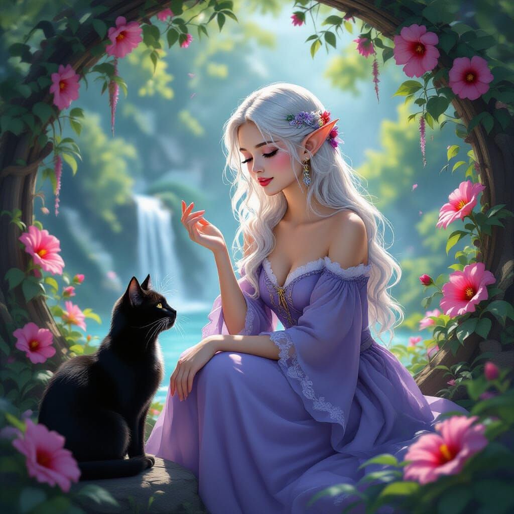 Enchanting Fairy Chatting with Cat in Forest