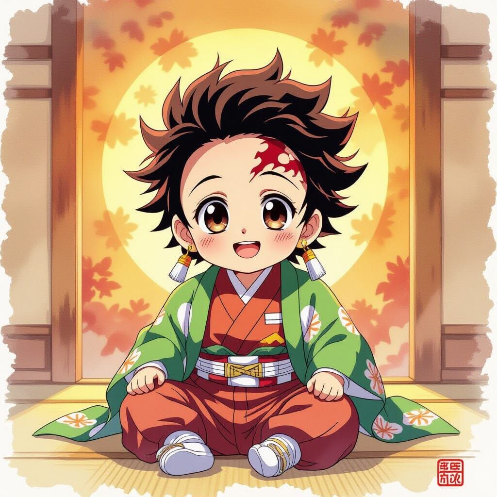 Baby Tanjiro Kamado in Watercolor Style