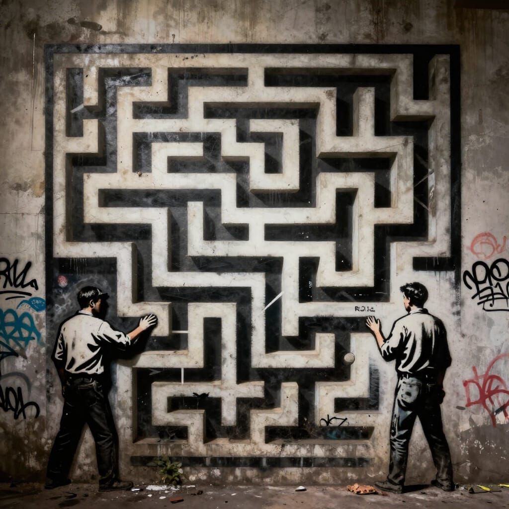 Urban Maze Art with Trapped Figures
