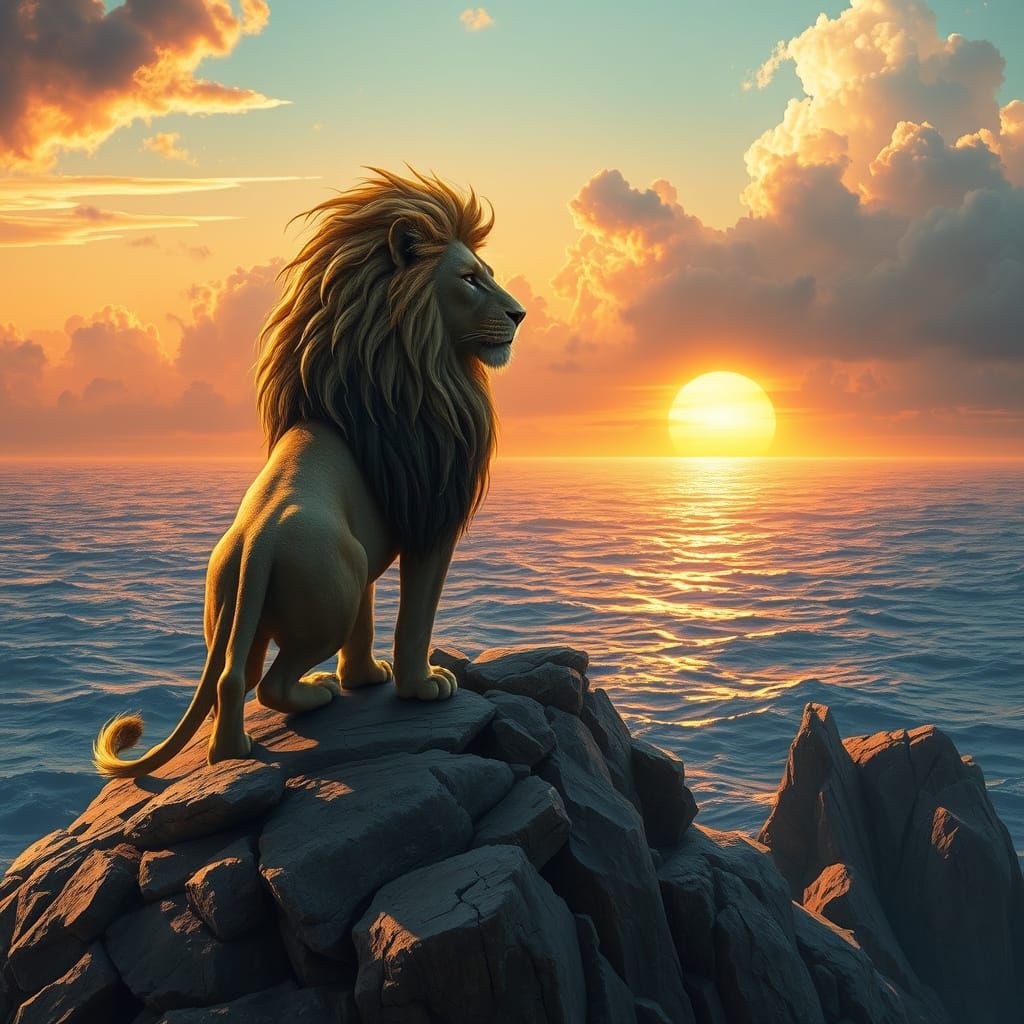 Regal Lion Overlooks Shimmering Ocean in Golden Sunset