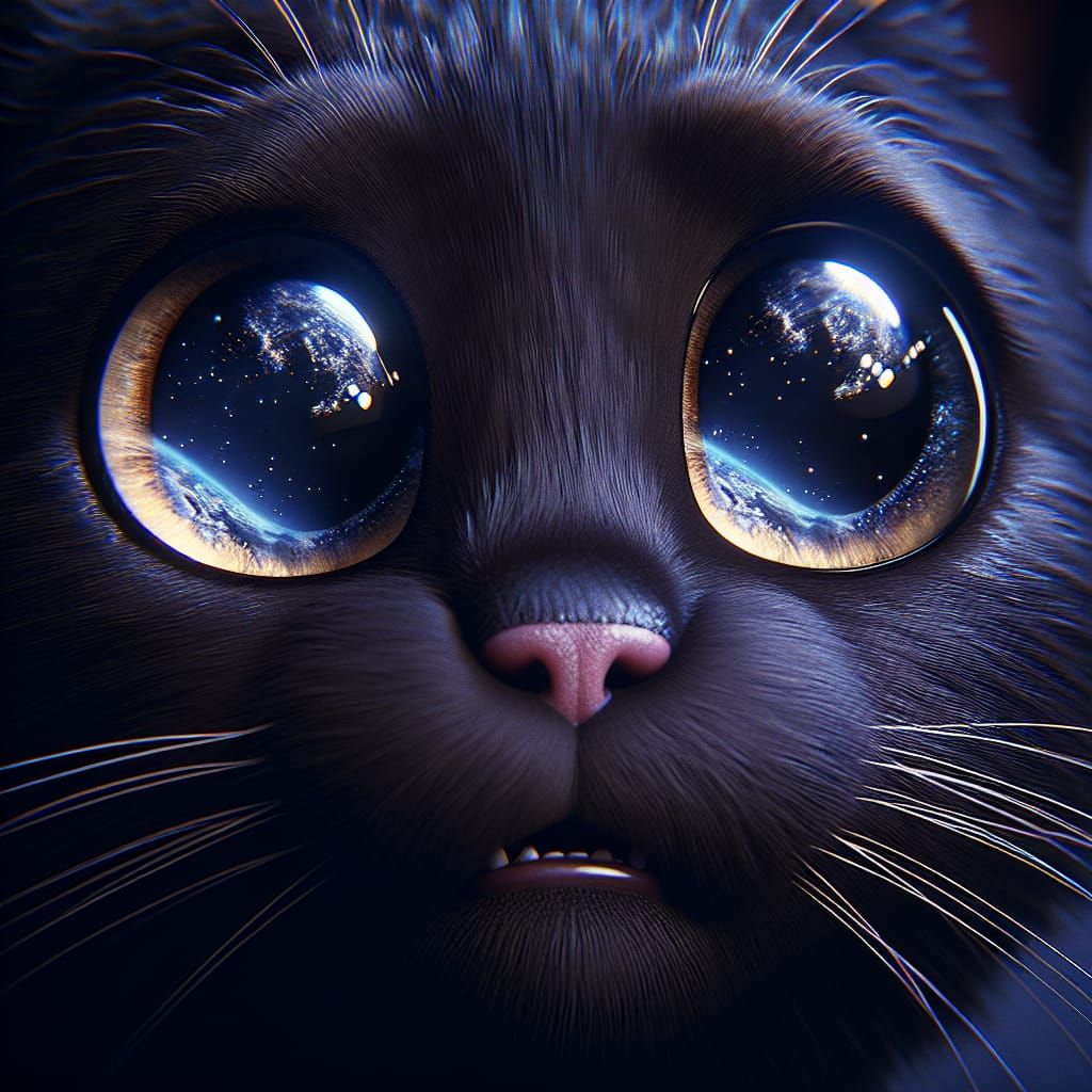Black Cat with Earth Reflection: Cinematic 4K Portrait