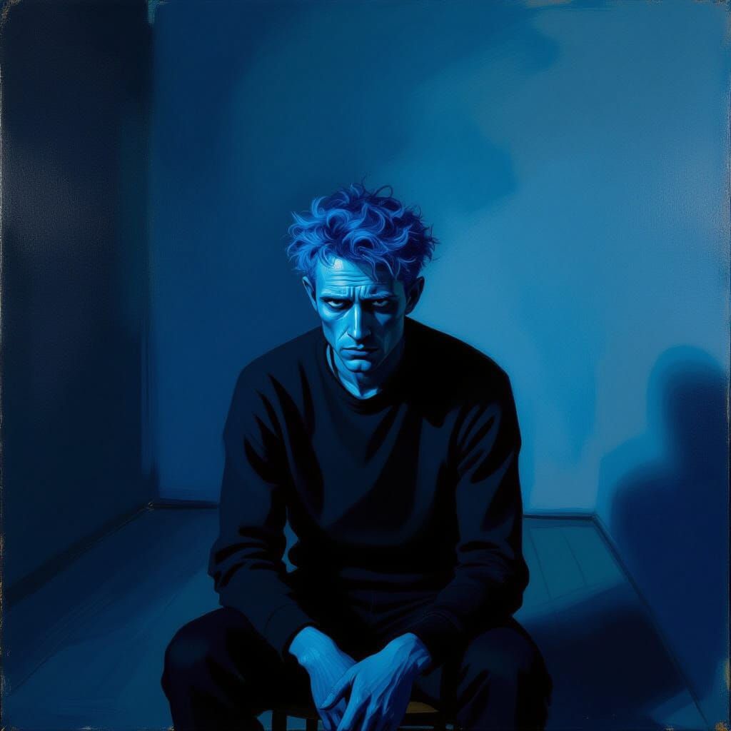 Melancholy Blue Figure in Shadowed Room