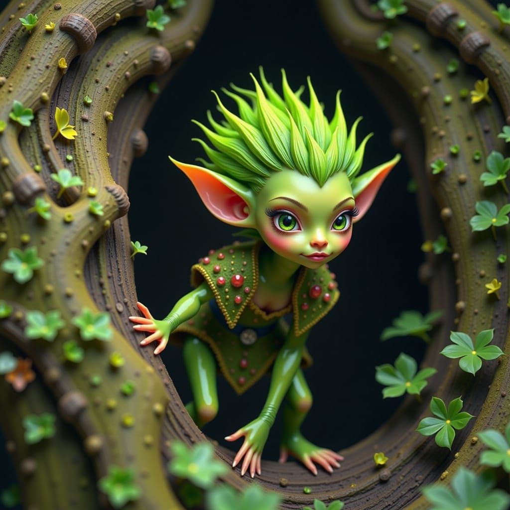 Green-Skinned Elf Peeking from Behind a Tree